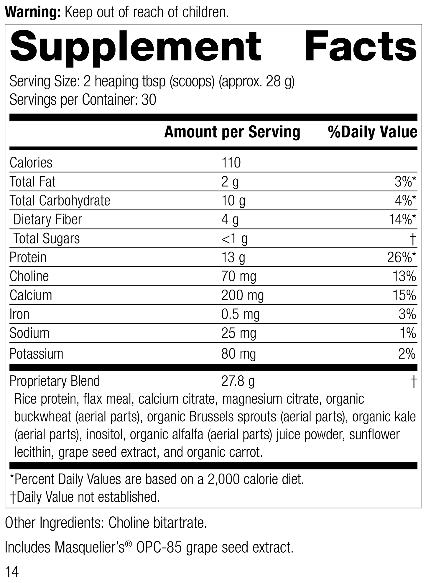 SP Complete® Dairy Free, Rev 14 Supplement Facts
