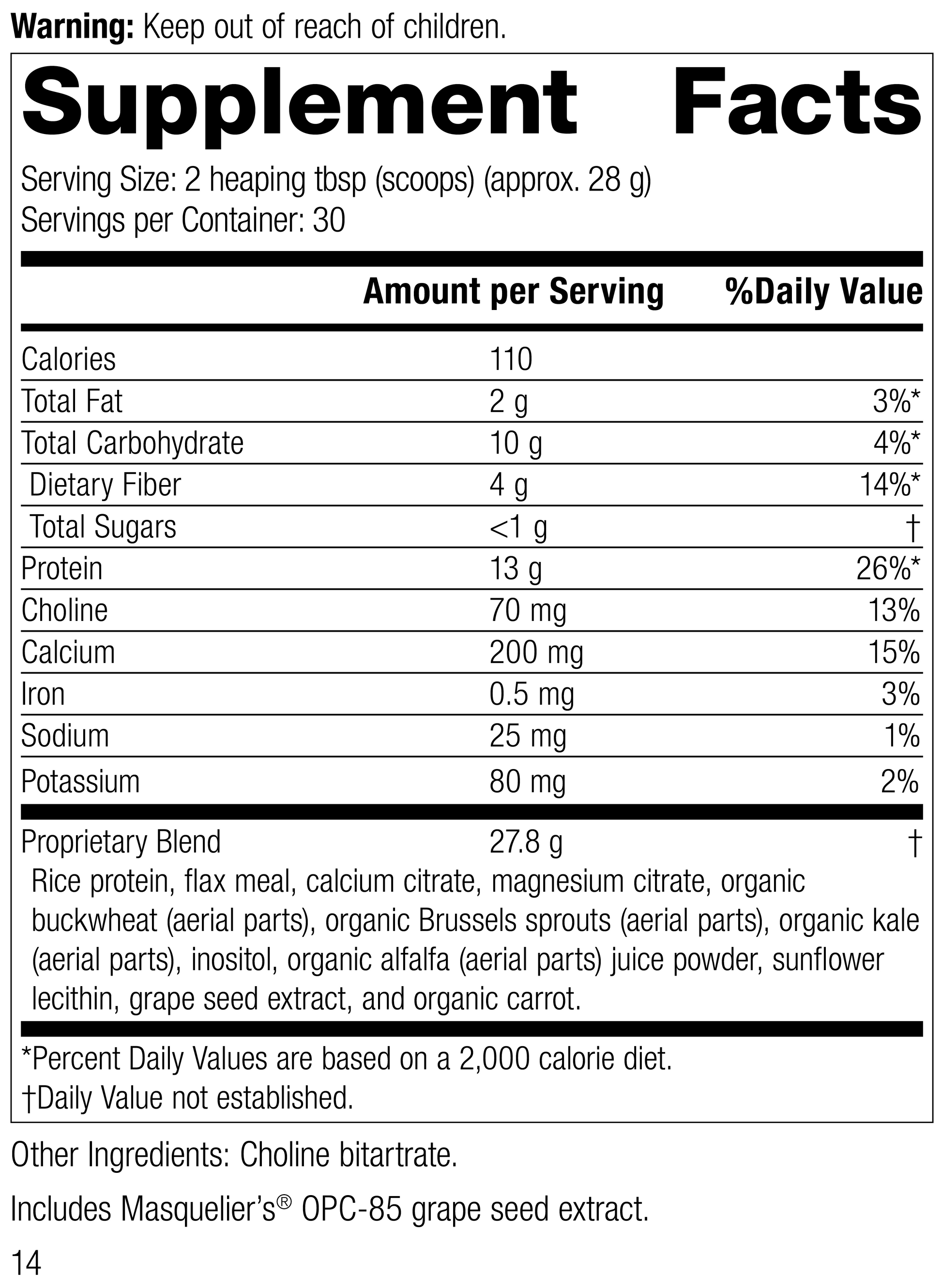 SP Complete® Dairy Free, Rev 14 Supplement Facts