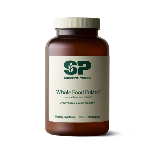 An image of a bottle of Whole Food Folate, next to 6 tablets.