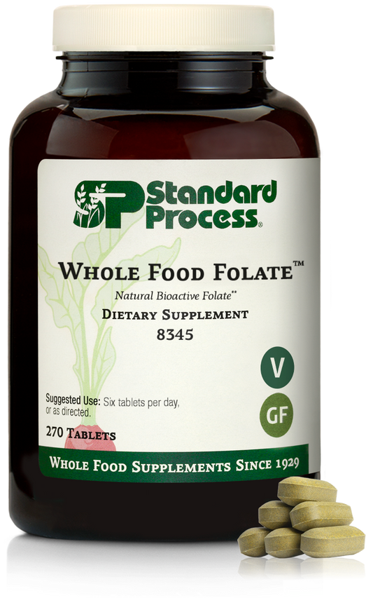 An image of a bottle of Whole Food Folate, next to 6 tablets.