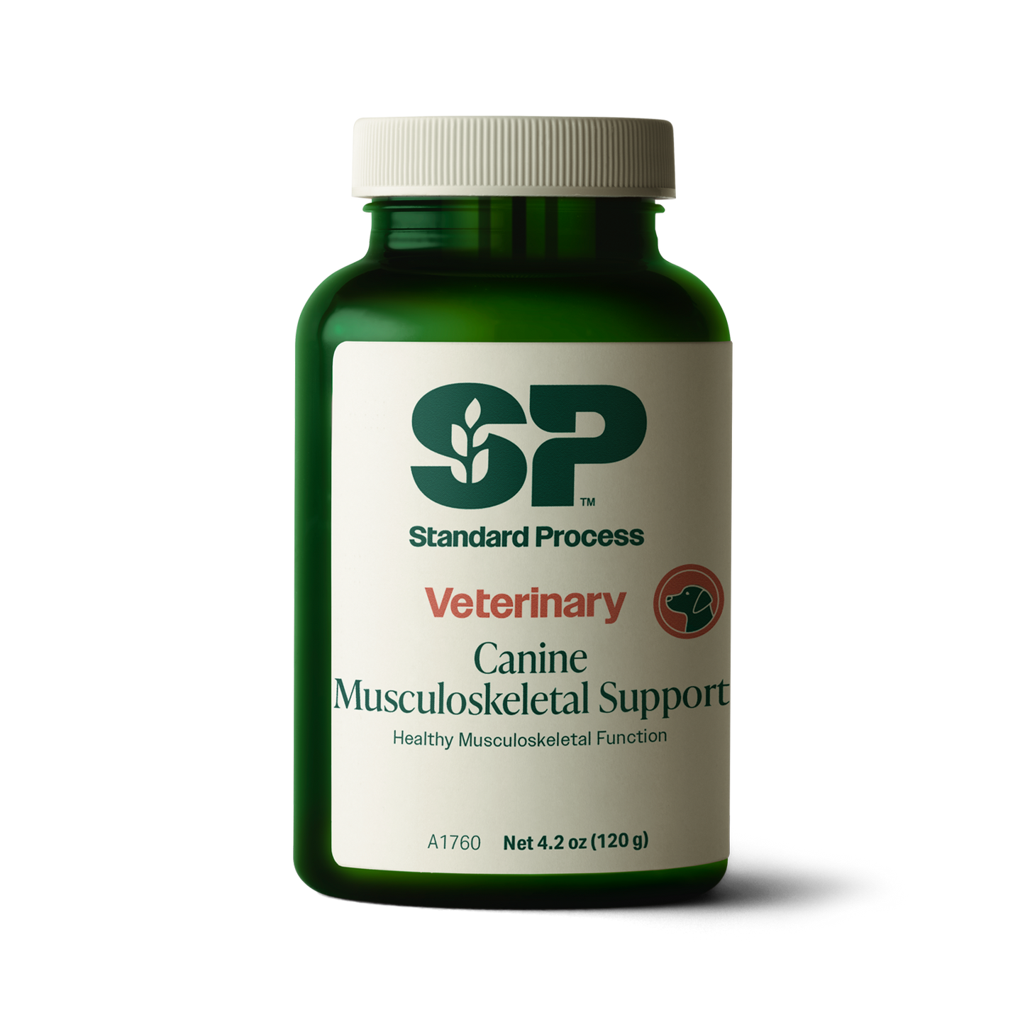 A bottle of Canine Musculoskeletal Support, a powder supplement for dogs’ muscles, ligaments and bone health, next to an image of the powder supplement.