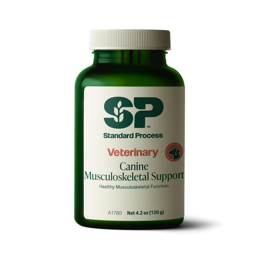 A bottle of Canine Musculoskeletal Support, a powder supplement for dogs’ muscles, ligaments and bone health, next to an image of the powder supplement.